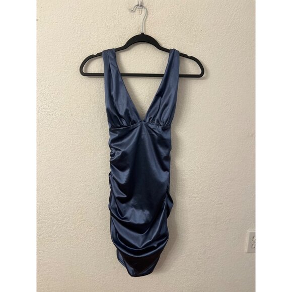 Better Be Midnight Blue Satin Ruched Dress women size Medium - Picture 1 of 5